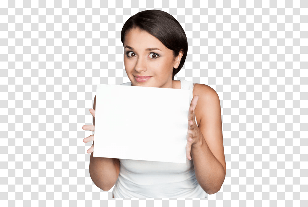 Download Young Woman Hold Board Young People Woman Holding Paper, Person, Female, Face, Arm Transparent Png