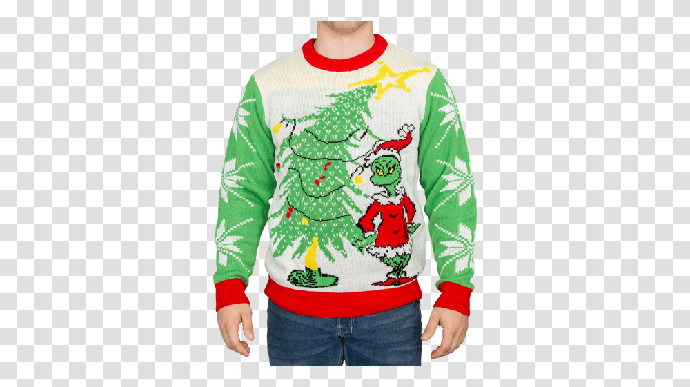 Dr Seuss Grinch As Santa Next To Tree Ugly Christmas Sweater, Clothing, Apparel, Sleeve, Long Sleeve Transparent Png