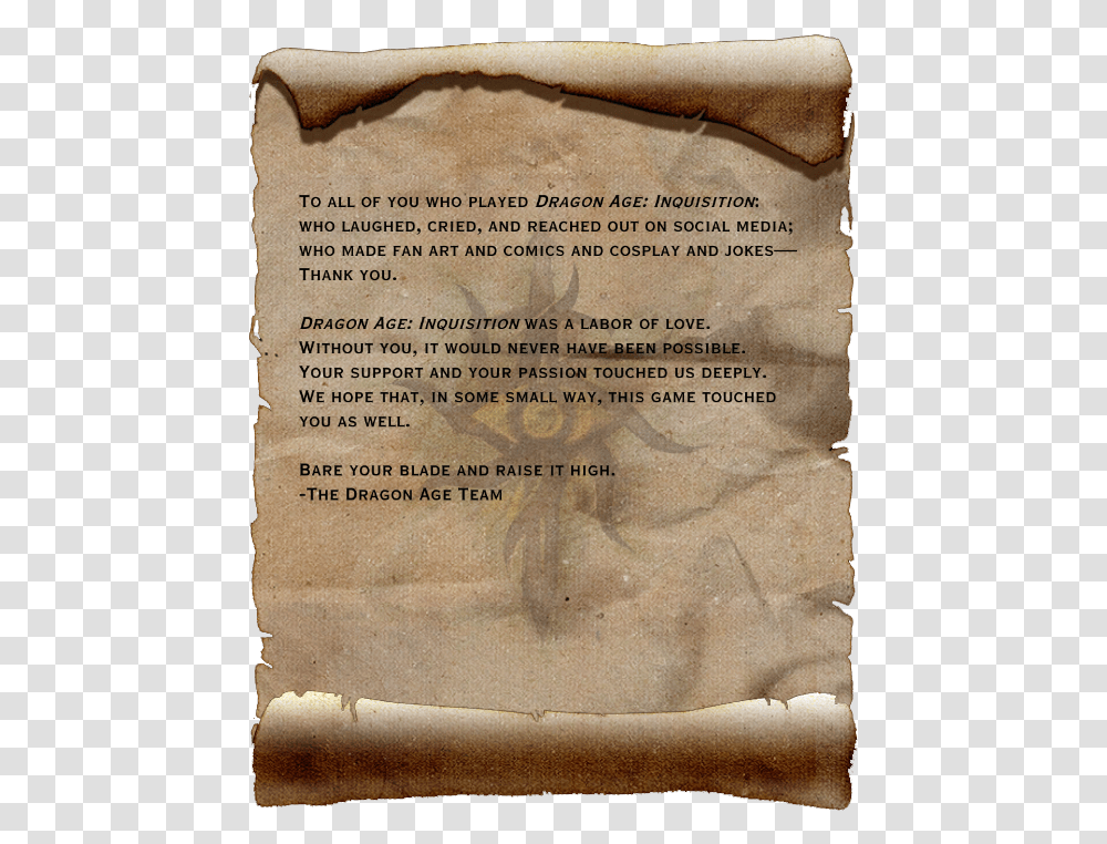 Dragon Age Inquisition Credits Message, Book, Scroll, Paper Transparent Png