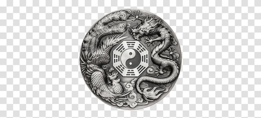 Dragon And Phoenix 5 Oz Emkcom Silver Coin, Tattoo, Skin, Buckle, Emblem Transparent Png