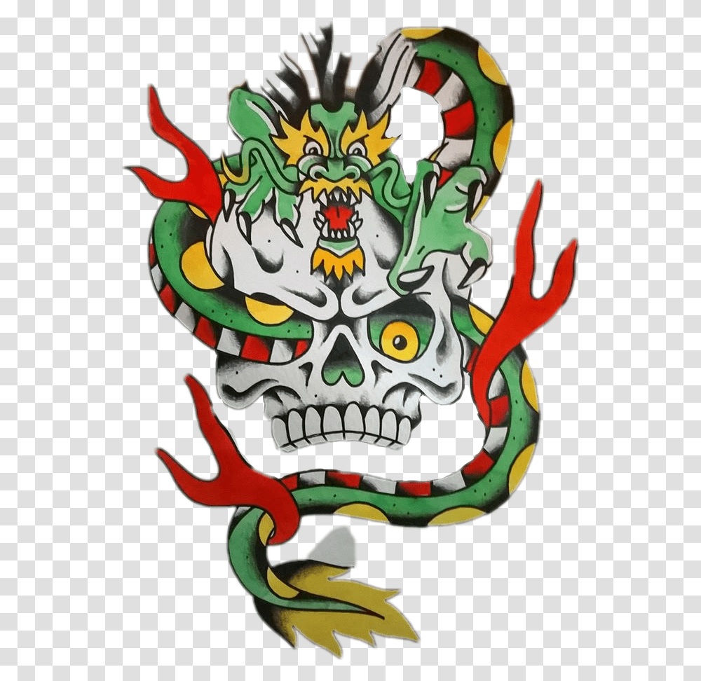Dragon Skull Tattoo Flash Illustration, Label Transparent Png