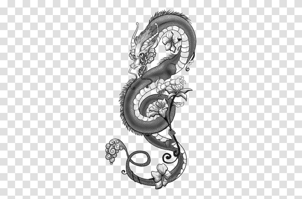 Dragon Tattoo Image Dragon With Flower Tattoo, Pattern, Drawing Transparent Png