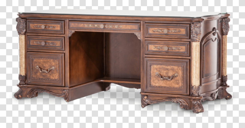 Drawers Carved Wood Light Espresso Finish Glass Top Aico Victoria Palace Desk, Sideboard, Furniture, Table, Fireplace Transparent Png