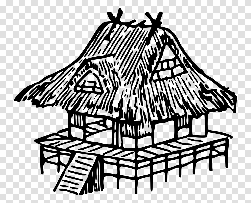 Drawing Japan Black And White Nipa Hut House, Gray, World Of Warcraft Transparent Png