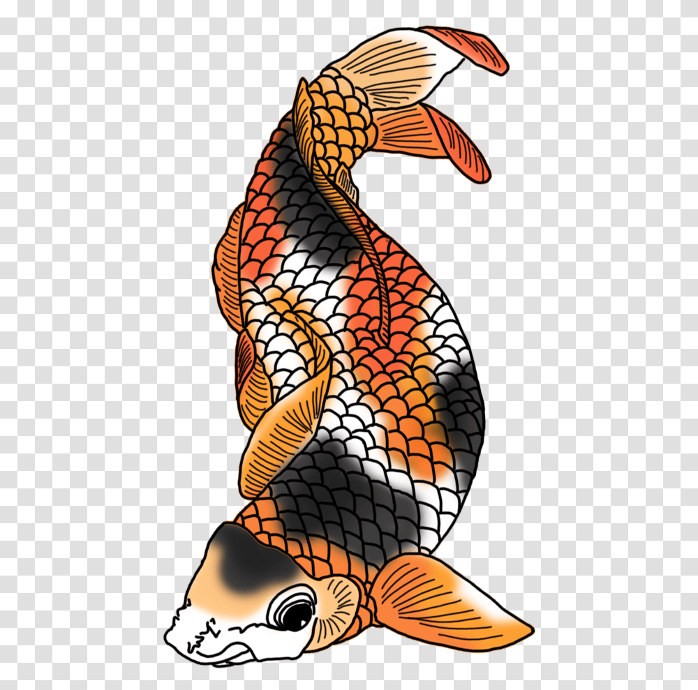 Drawing Japanese Colored Koi Fish Black Red Orange, Bird, Animal, Art, Snake Transparent Png