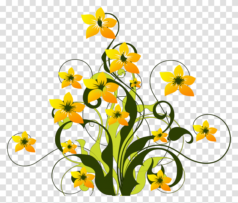 Drawing Of A Bush Yellow Flowers With Green Leaves Free Image Flowers Swirl, Graphics, Art, Floral Design, Pattern Transparent Png