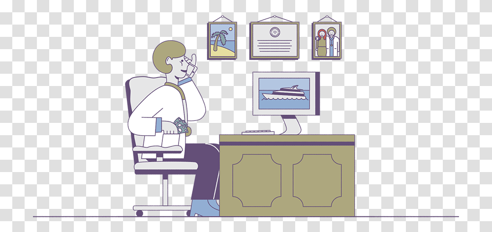 Drawing Of Doctor Sitting At Desk Cartoon, Standing, Word, Crowd, Monitor Transparent Png