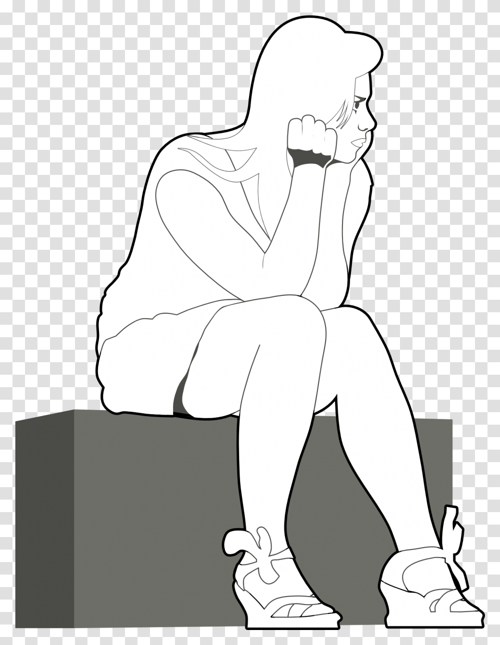 Drawing Of Lonely Sitting Girl Free Image Girl Waiting, Person, Human, Kneeling, Art Transparent Png
