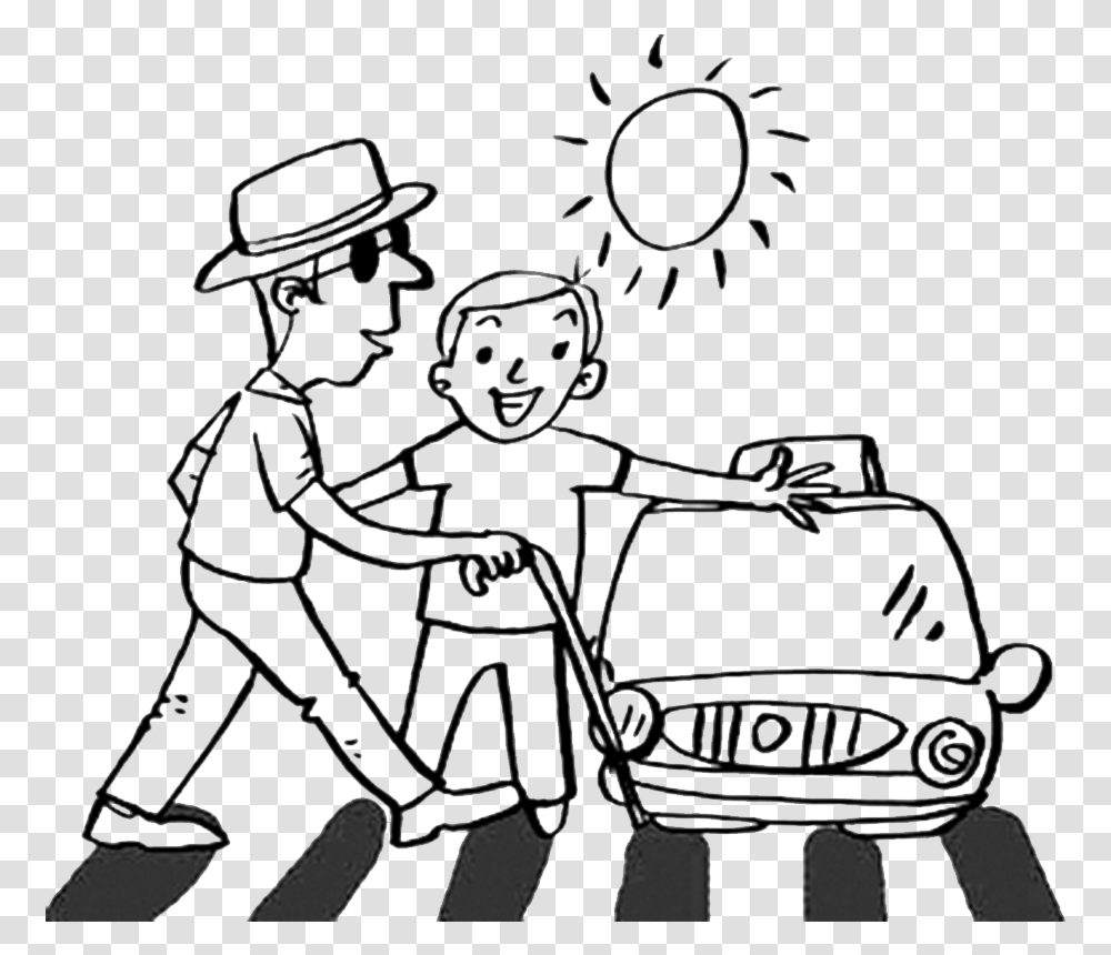 Drawing Road Person Old Man Crossing The Road Drawing, Vehicle, Transportation, Musician, Musical Instrument Transparent Png