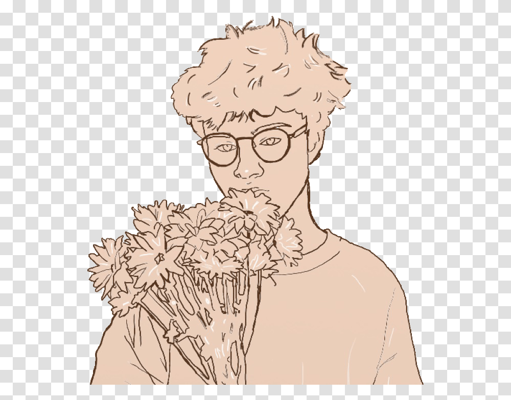 Drawing Sketch Doodle Art Sticker Man Holding Flowers Drawing, Person, Glasses, Face, Text Transparent Png