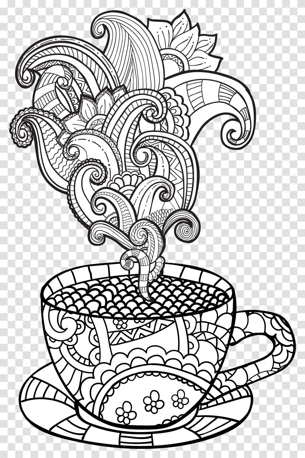 Drawn Tea Cup Coffee Coloring Pages For Adults, Pattern, Paisley, Cross Transparent Png