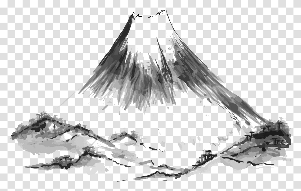 Drawn Volcano Japanese Painting, Nature, Outdoors, Mountain, Bird Transparent Png