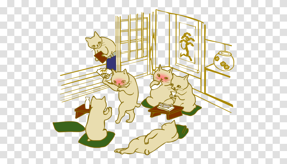 Drinking Session Cats Japanese Ukiyo E Style Cartoon, Outdoors, Crowd Transparent Png