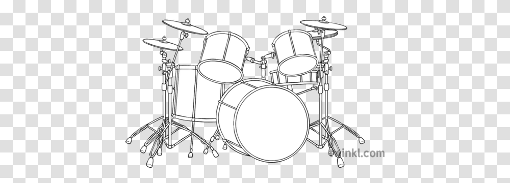Drum Set Black And White Illustration Twinkl Line Art, Percussion, Musical Instrument, Kettledrum Transparent Png