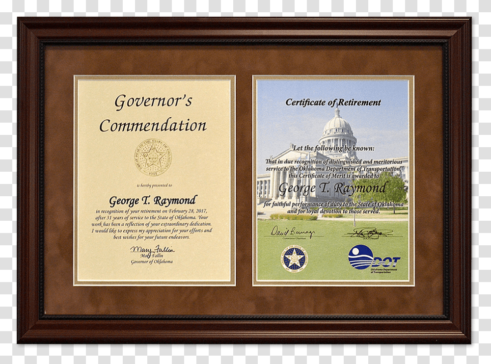 Dual Retirement Certificate And Commendation Letter Matted Framed Dedication Example, Diploma, Document, Plaque Transparent Png