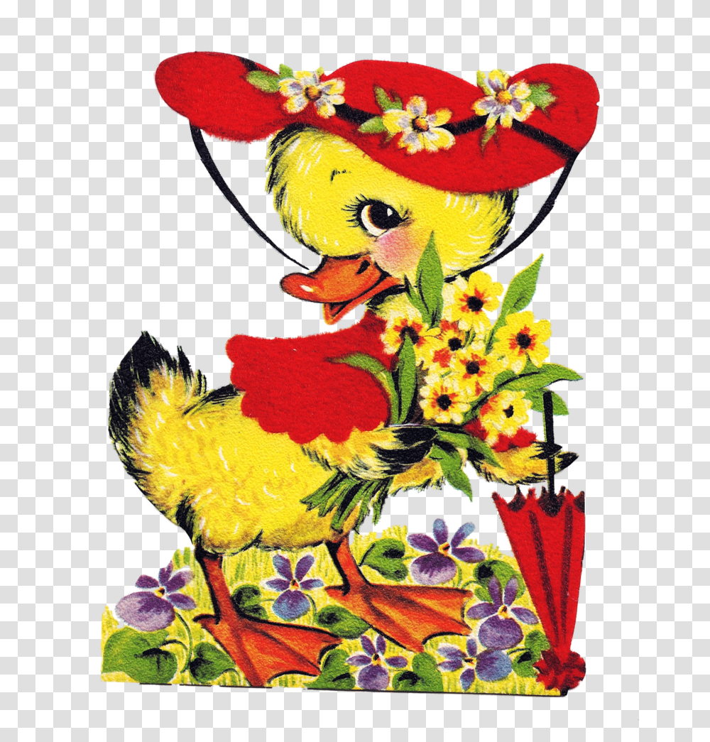 Duck With Red Hat And Umbrella Vintage Clipart, Floral Design, Pattern, Plant Transparent Png