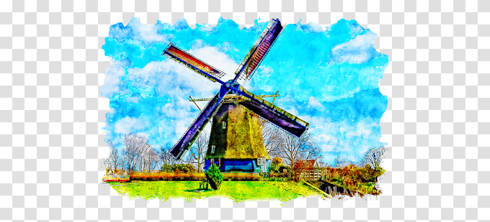Dutch Windmills Watercolor Drawing Kids T Shirt For Sale By Windmill, Machine, Engine, Motor, Construction Crane Transparent Png