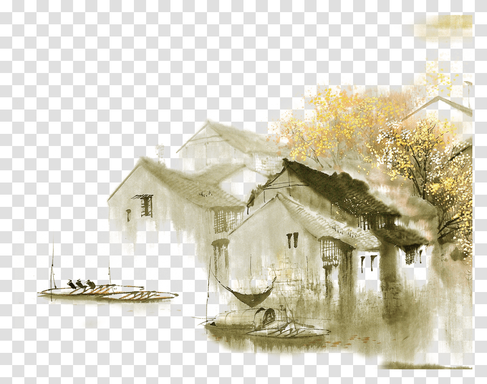 Dwelling In The Fuchun Mountains Jiangnan Ink Wash Chinese Mountains And House Painting, Nature, Ice, Outdoors Transparent Png