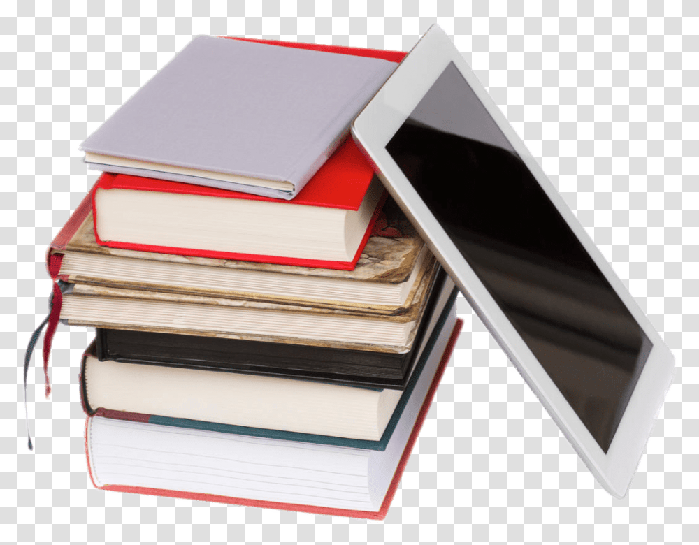 E Book Next To Pile Of Books Clip Arts Book And Tablet, Box Transparent Png