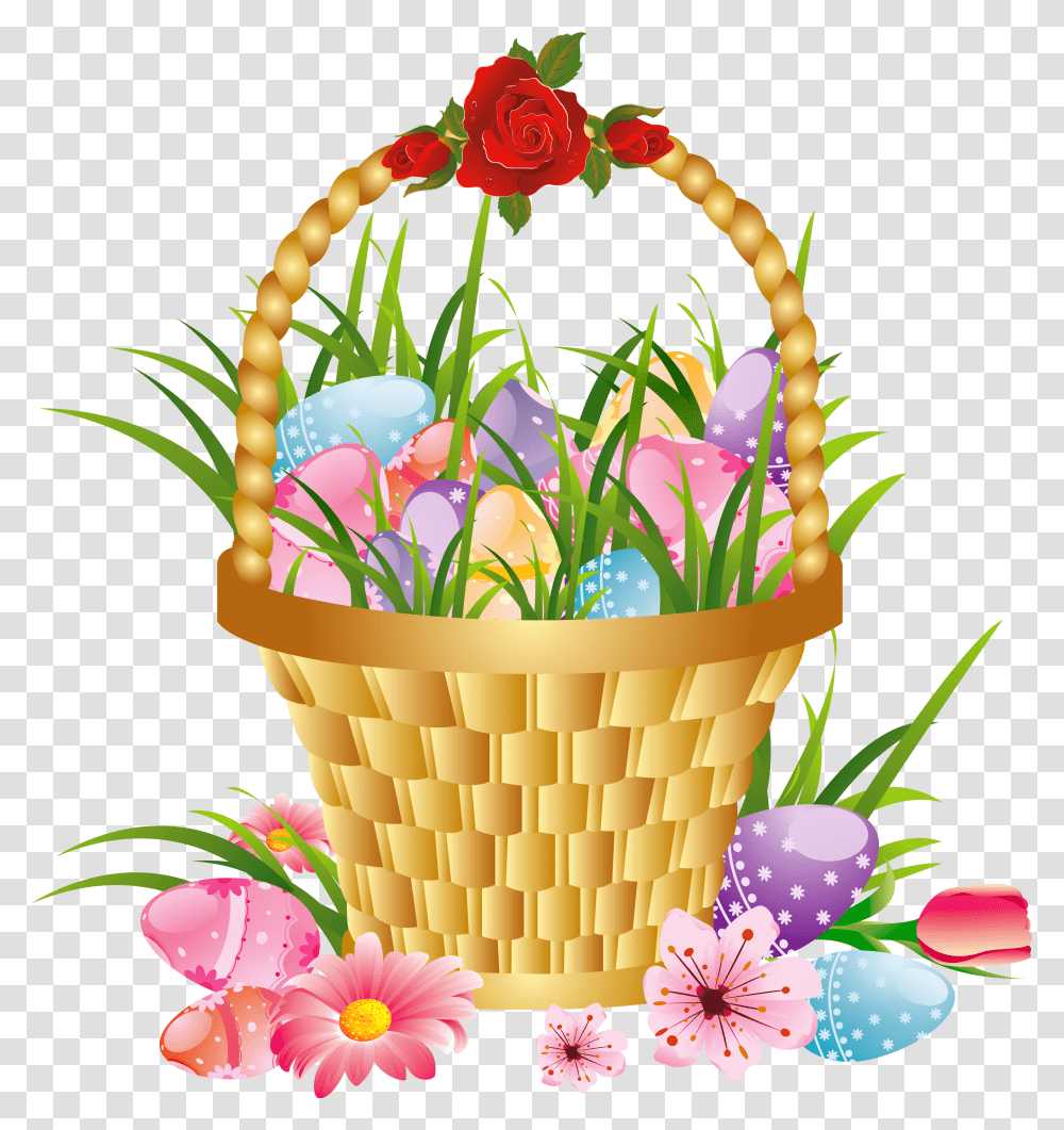 Easter Basket Clipart With A Cross In It Flower Basket In Cartoon, Food, Egg, Plant, Blossom Transparent Png