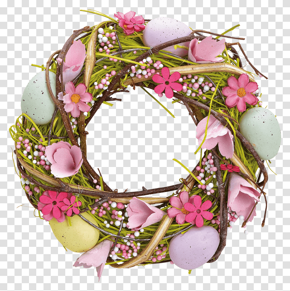 Easter Wreath With Pink Flowers And Colourful Easter Bouquet, Accessories, Accessory, Plant, Birthday Cake Transparent Png