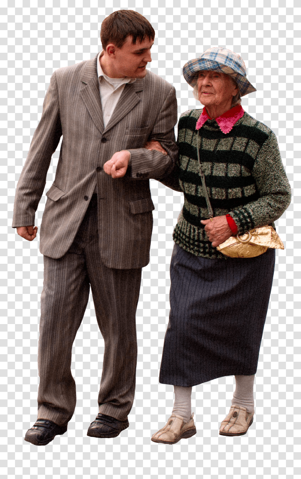 Easy Entourage - Man In Suit Helping Old Lady Source Mikhail Old People Talking, Clothing, Overcoat, Person, Hat Transparent Png