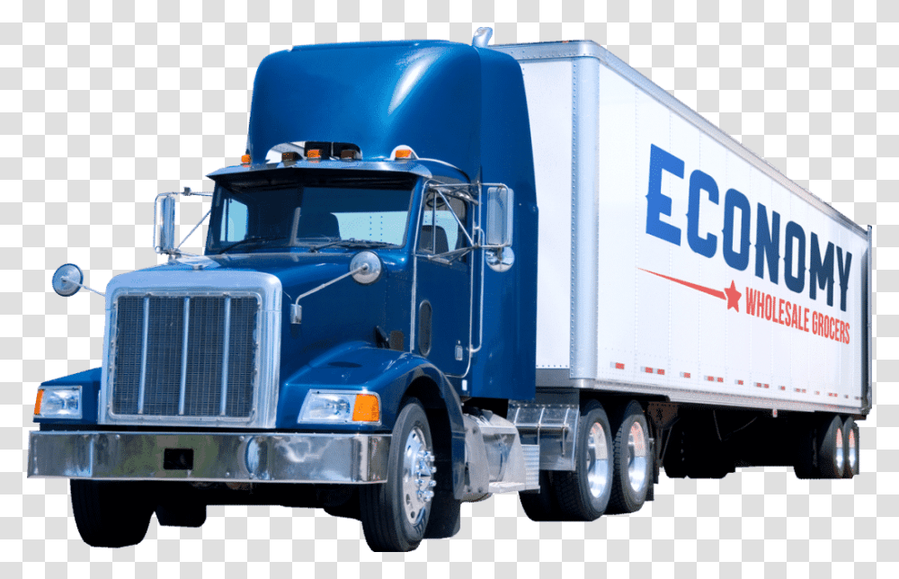 Economy Wholesale Grocers Semi Truck Trailer Truck, Vehicle, Transportation, Person, Human Transparent Png