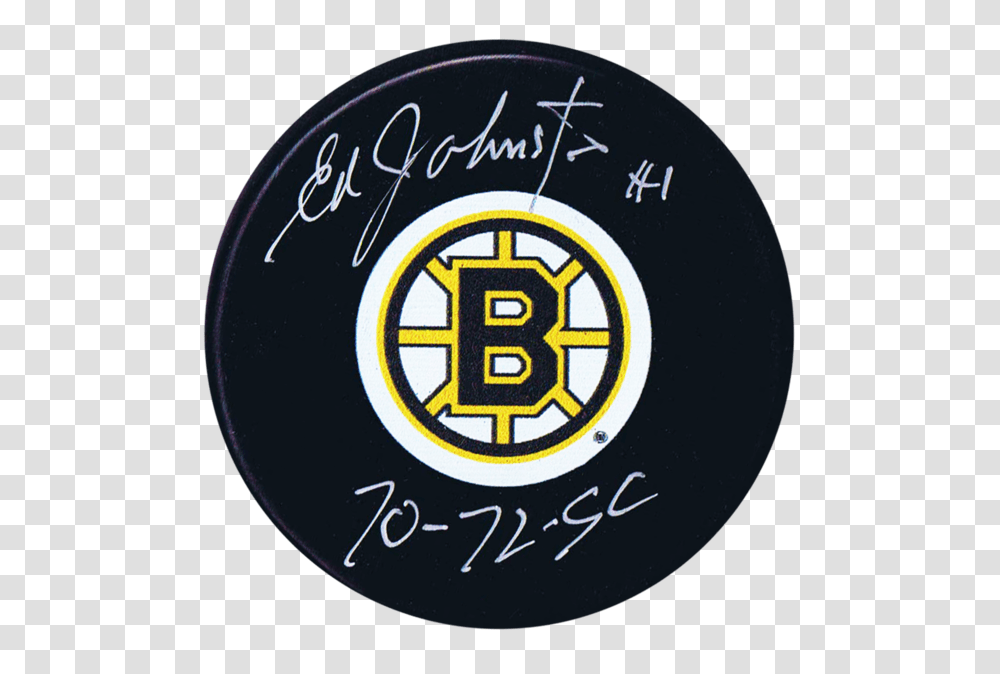 Ed Johnston Boston Bruins Autographed Sc Puck, Label, Logo Transparent Png
