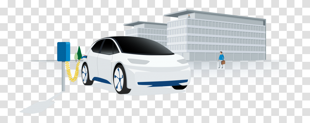 Electric Car Charging Station In Front Of An Office Electric Car, Sedan, Vehicle, Transportation, Person Transparent Png