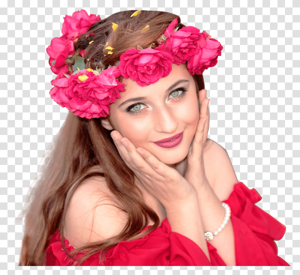 Elegant Fashionable Woman Wearing Red Roses Wreath Woman With A Rose In Her Head, Person, Headband, Hat Transparent Png
