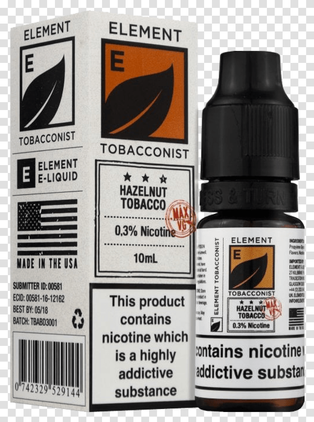 Element 10ml Hazelnut Tobacco Chocolate Tobacco Element, Bottle, Tin, Can Transparent Png