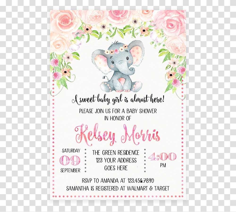 Elephant Baby Shower Floral Elephant Baby Shower Invitations, Advertisement, Poster, Flyer, Paper Transparent Png