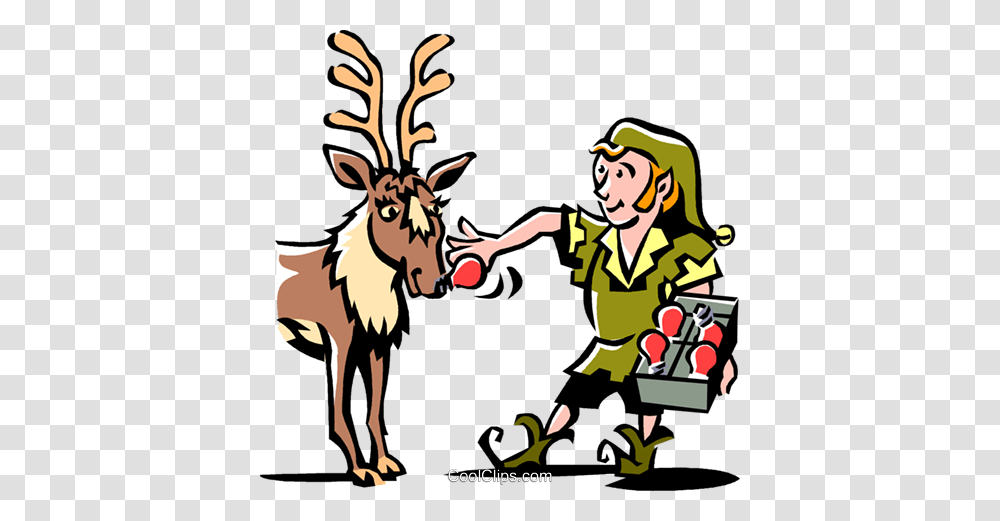 Elf Putting On Rudolphs Red Nose Royalty Free Vector Clip Art, Person, Antelope, Wildlife, Mammal Transparent Png