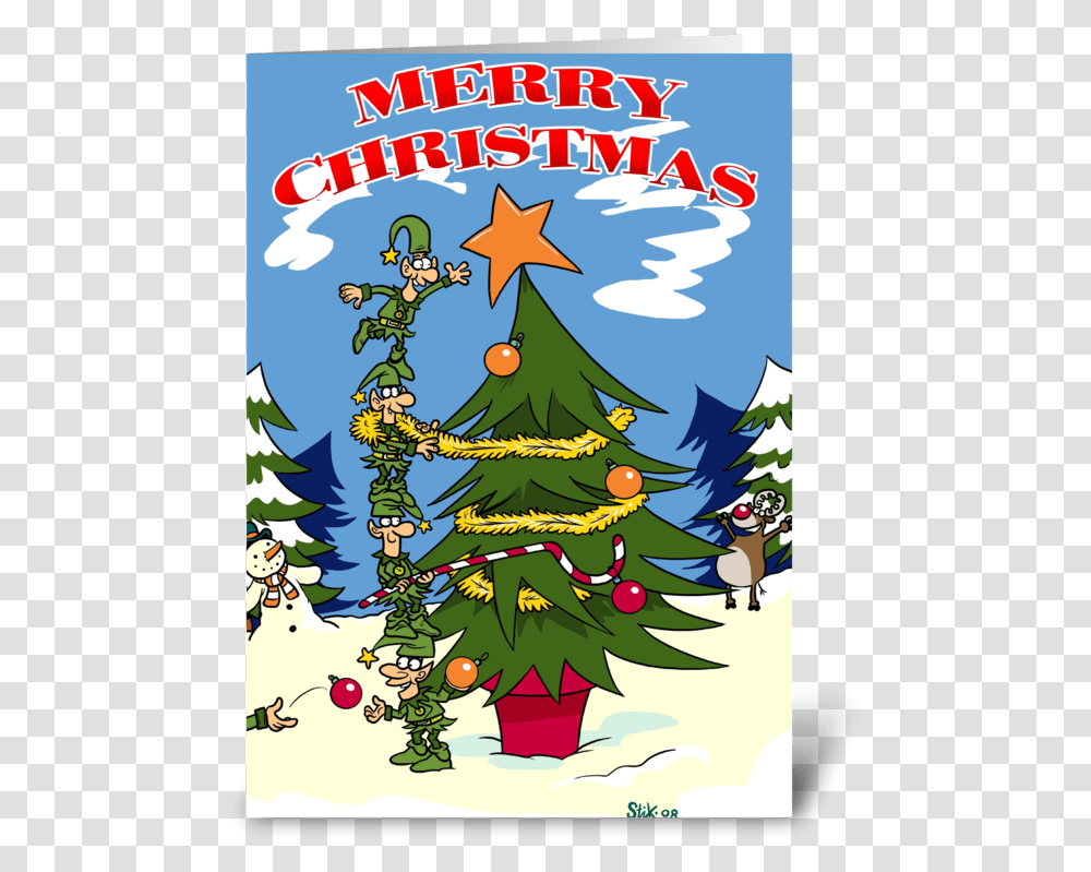 Elves Decorating A Christmas Tree Greeting Card, Plant, Poster, Advertisement, Ornament Transparent Png