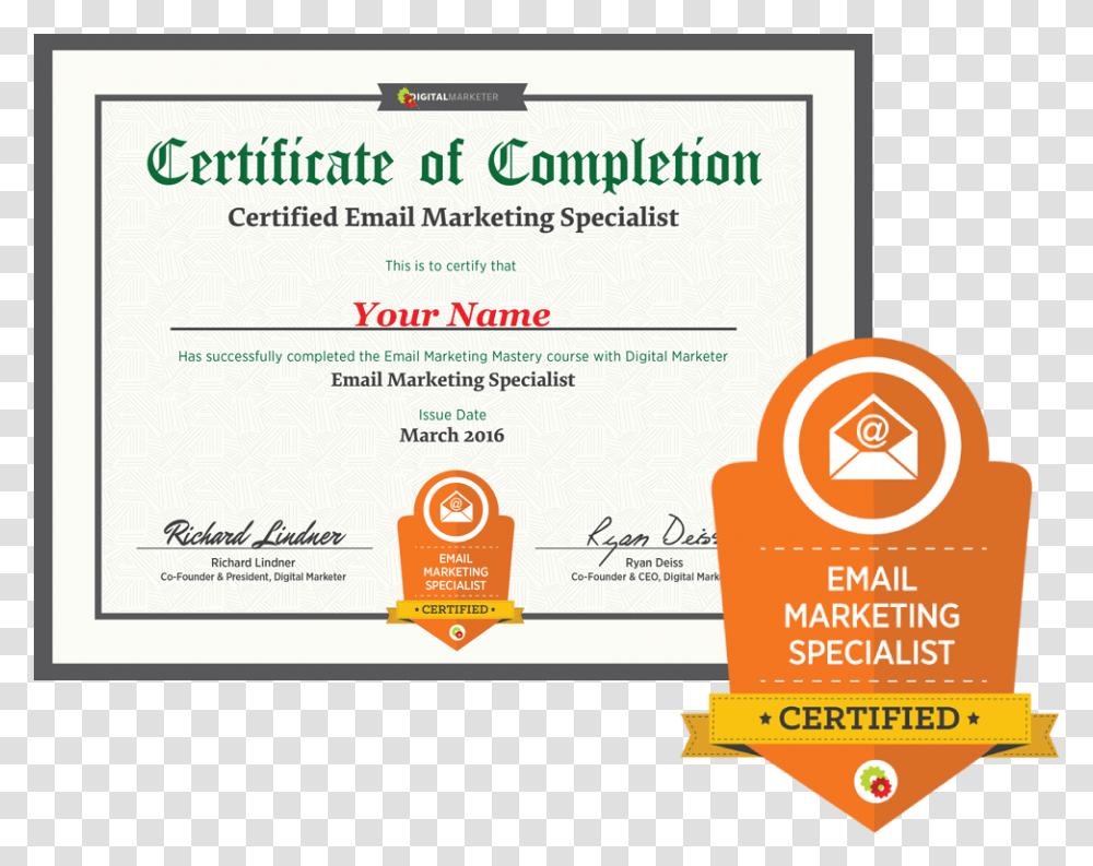 Email Marketing Specialist Certification Amp Badge Certificate Marketing, Diploma, Document, Flyer Transparent Png