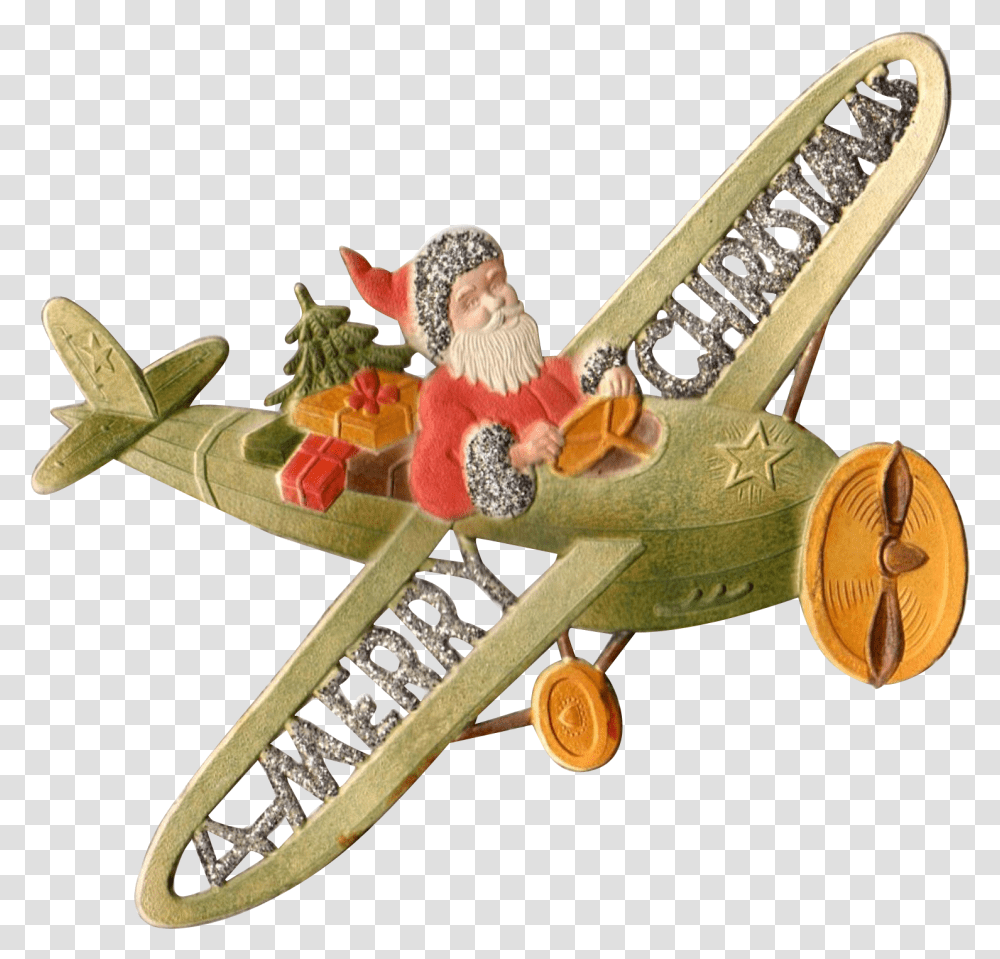 Embossed German Die Cut Santa In Airplane Santa Suits Model Aircraft, Biplane, Vehicle, Transportation, Skateboard Transparent Png