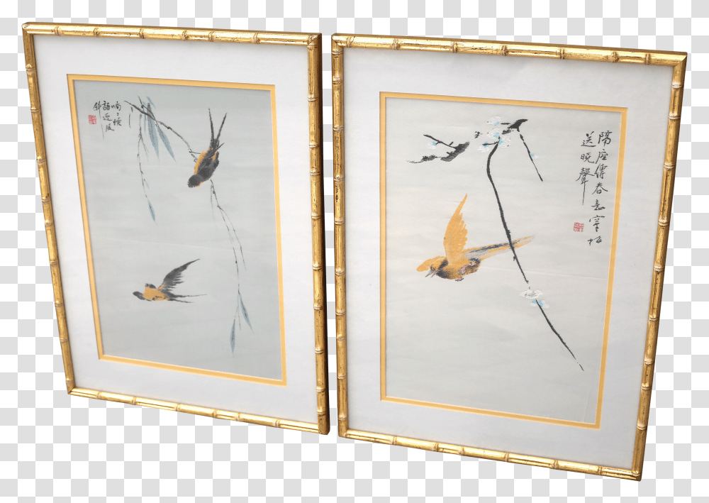 Embroidered Birds Chinoiserie In Bamboo Frames Transparent Png