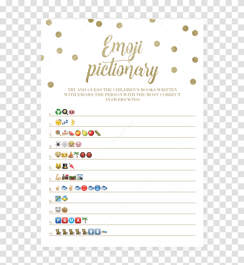 Emoji Pictionary Baby Shower Game Gold Confetti Printable Glitter, Text, Page, Menu, Number Transparent Png