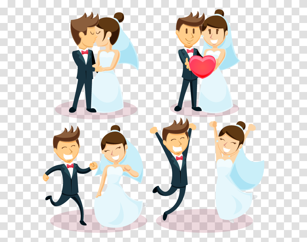 Emotions Clipart Happy Group Bride And Groom Dancing Cartoon, Person, People, Kneeling, Drawing Transparent Png