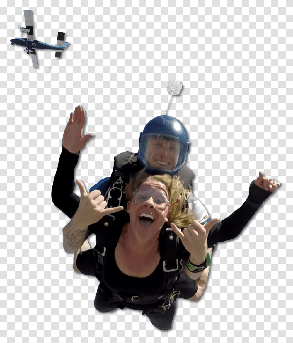 Empowerment Of Mom Tandem Skydiving, Helmet, Person, Adventure Transparent Png
