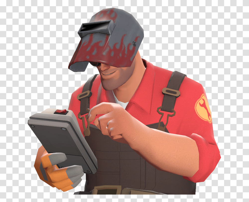 Engineer With The Hotrod Tf2 Engineer, Person, Helmet, Hand-Held Computer Transparent Png