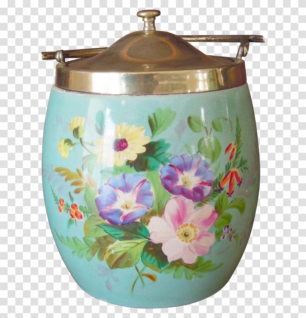 English Antique Biscuit Barrel With Flower Design Silver Lid, Pottery, Jar, Art, Jug Transparent Png
