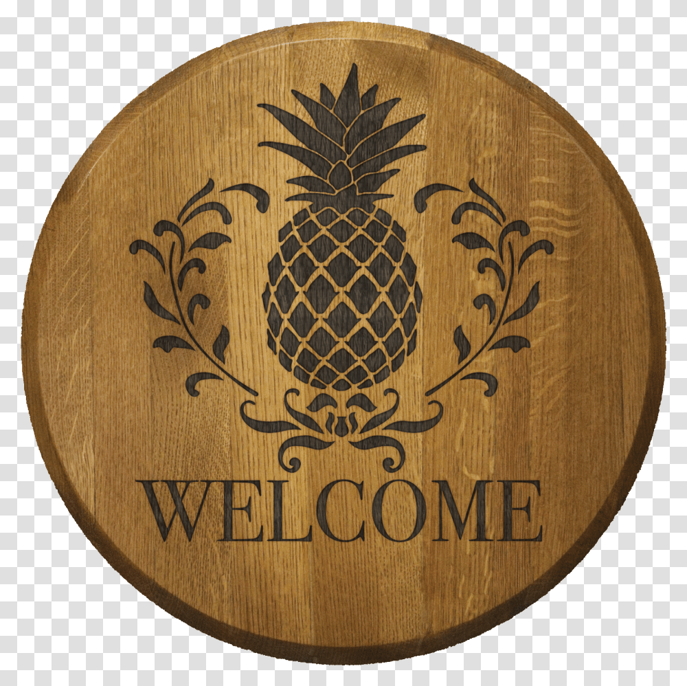 Engraved Barrel Head With A Pineapple And The Word Pineapple Stencil, Rug, Wood, Logo Transparent Png