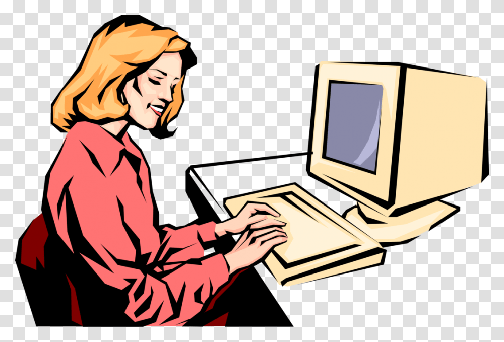 Entrepreneur Works At Computer Vector Image Illustration Women On Computer Clipart, Person, Human, Electronics Transparent Png