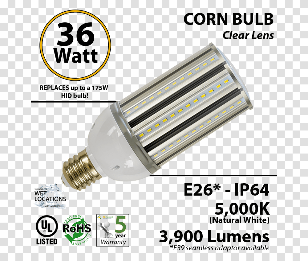 Equivalent Led Bulb 36w Corn Light 5000k 3600 2 Ft Led Tube Light, Lightbulb, Lighting, Spotlight Transparent Png