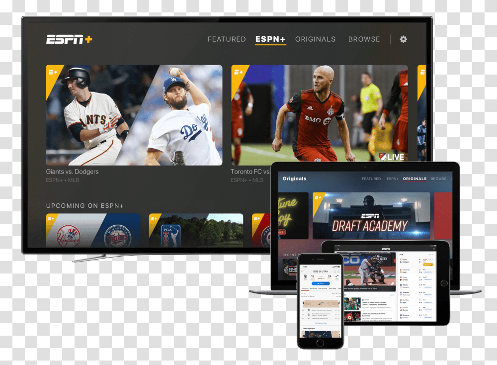 Espn On A Television Laptop Tablet And Smartphone, Person, Mobile Phone, Electronics, People Transparent Png