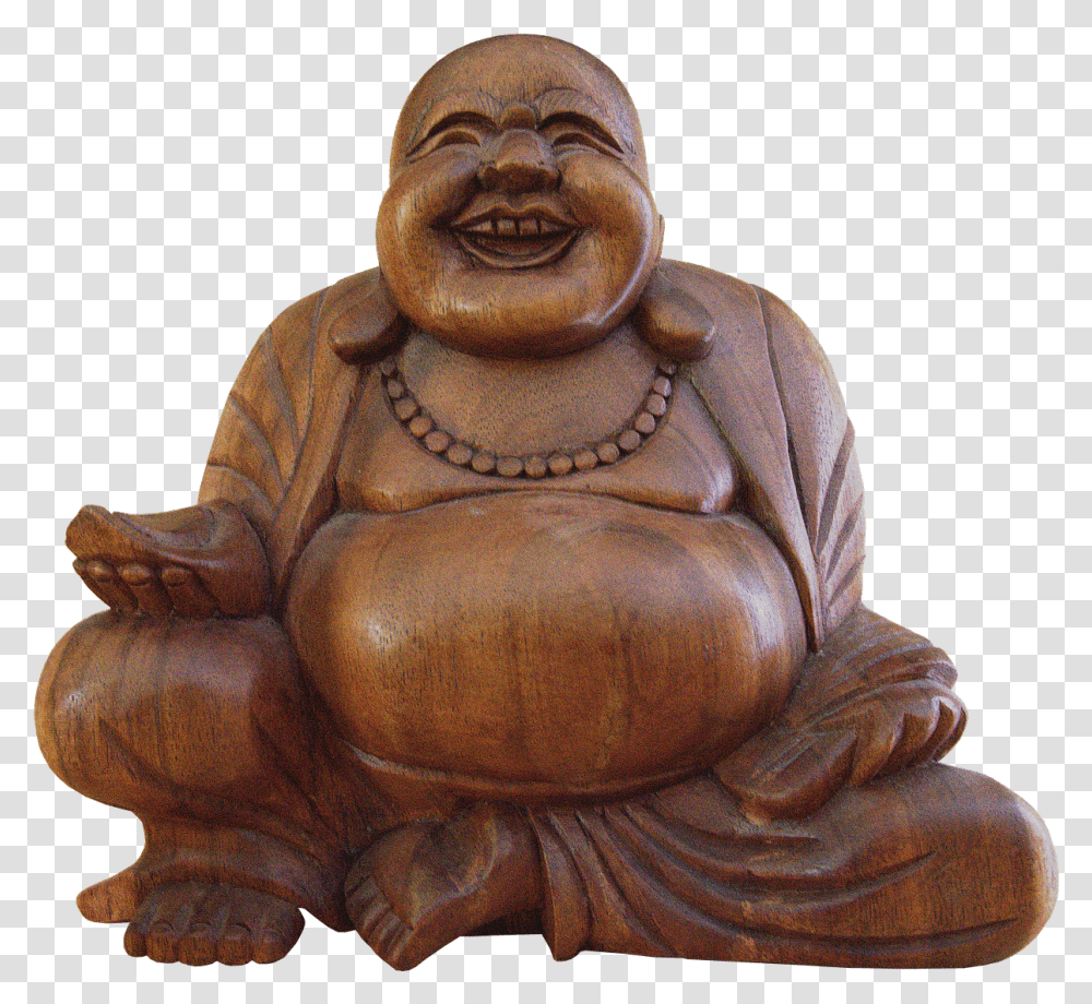 Estatua De Madera Buda Sonriendo Tazn En Las Manos Fat Buddha No Background, Worship, Person, Human Transparent Png