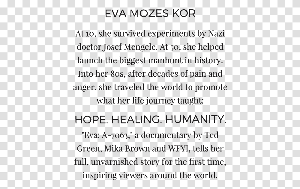 Eva Mozes Kor, Alphabet, Flyer, Poster Transparent Png