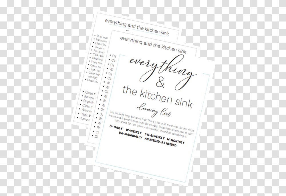 Everything And The Kitchen Sink List Horizontal, Text, Page, Handwriting, Menu Transparent Png