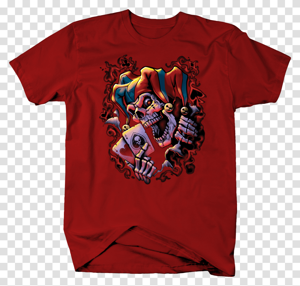 Evil Skeleton Joker Holdong Playing Cards Shirt Red Jester Wicked, Apparel, T-Shirt Transparent Png